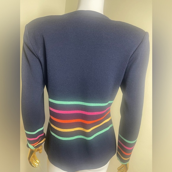 St. John knit Navy Cardigan sweater jacket with Multicolor Stripes - Picture 9 of 9